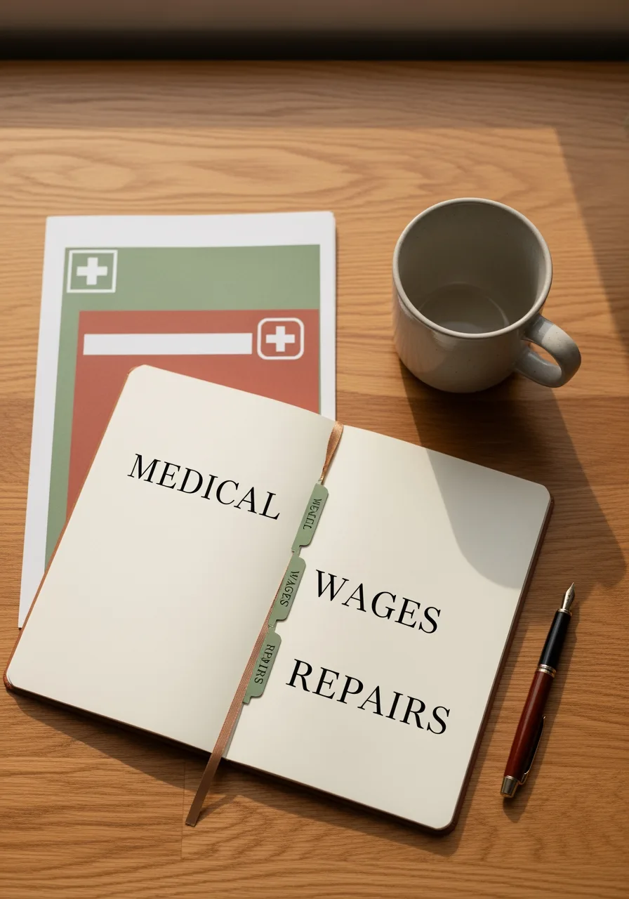 Organized claim documents for medical bills, wage loss, and car repairs on a desk.