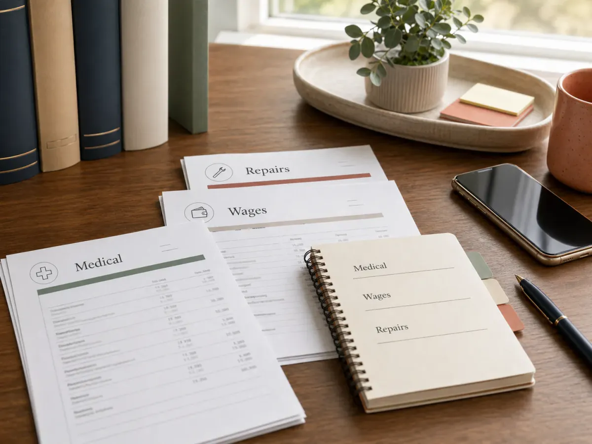 Organized claim documents for medical bills, wage loss, and car repairs on a desk.