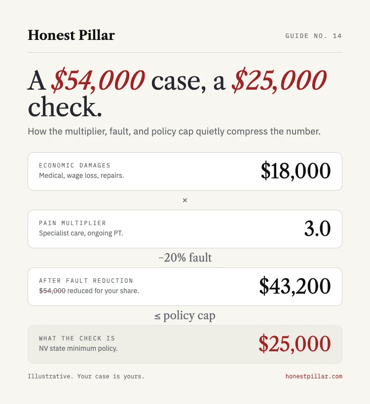 A $54,000 case settles for a $25,000 check: $18,000 × 3.0 multiplier, minus 20% fault, capped at $25,000 policy.