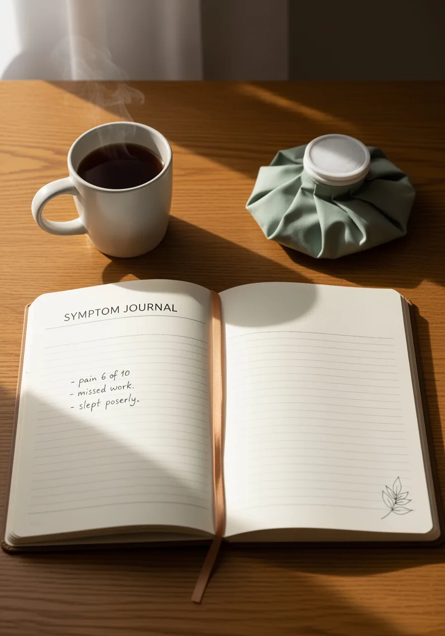 A symptom journal and ice pack on a quiet home table.