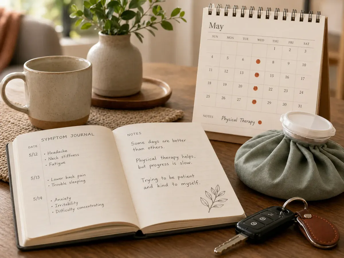 A symptom journal, therapy calendar, ice pack, and car keys on a quiet home table.