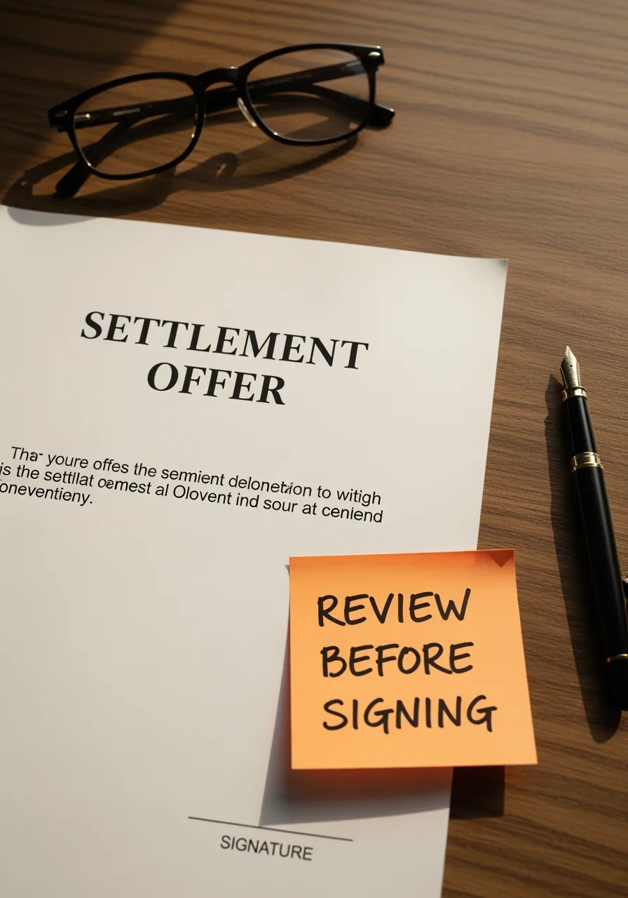 A settlement offer letter with a sticky note reading review before signing.