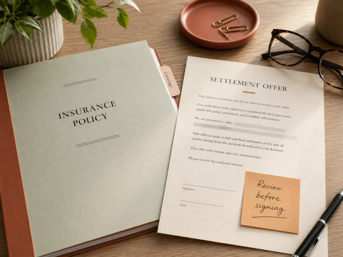 An insurance policy folder and settlement offer letter with a note to review before signing.